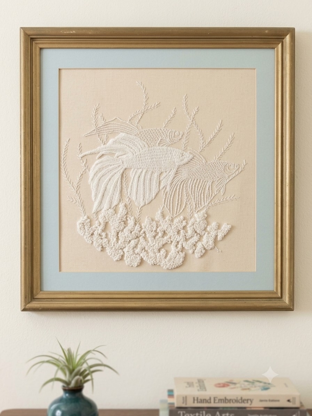 Vintage Embroidery Crewel Framed Art Picture Wall Decor Coastal Fish Marine Life